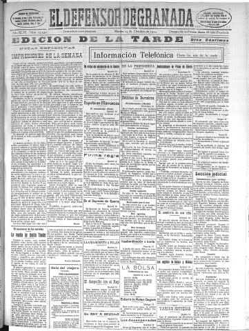 'El Defensor de Granada  : diario político independiente' - Año XLVI Número 23430 Ed. Tarde - 1924 Octubre 14