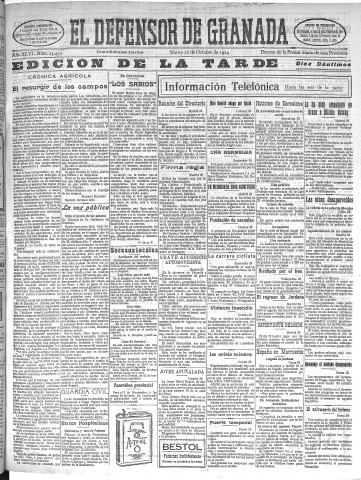 'El Defensor de Granada  : diario político independiente' - Año XLVI Número 23454 Ed. Tarde - 1924 Octubre 28