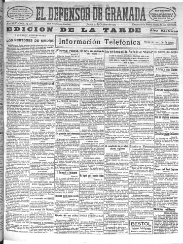 'El Defensor de Granada  : diario político independiente' - Año XLVI Número 23458 Ed. Tarde - 1924 Octubre 30