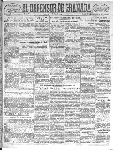 'El Defensor de Granada  : diario político independiente' - Año XLVI Número 23459 Ed. Mañana - 1924 Octubre 31