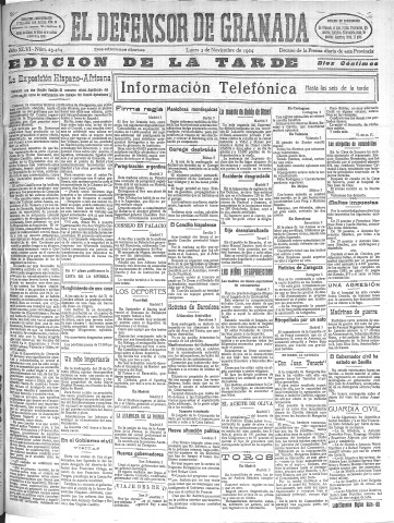 'El Defensor de Granada  : diario político independiente' - Año XLVI Número 23464 Ed. Tarde - 1924 Noviembre 03