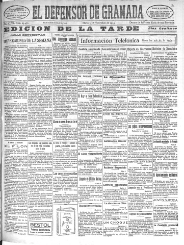 'El Defensor de Granada  : diario político independiente' - Año XLVI Número 23466 Ed. Tarde - 1924 Noviembre 04