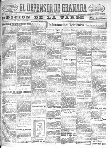'El Defensor de Granada  : diario político independiente' - Año XLVI Número 23468 Ed. Tarde - 1924 Noviembre 05