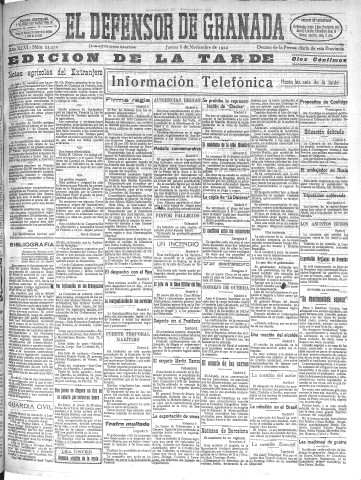 'El Defensor de Granada  : diario político independiente' - Año XLVI Número 23470 Ed. Tarde - 1924 Noviembre 06