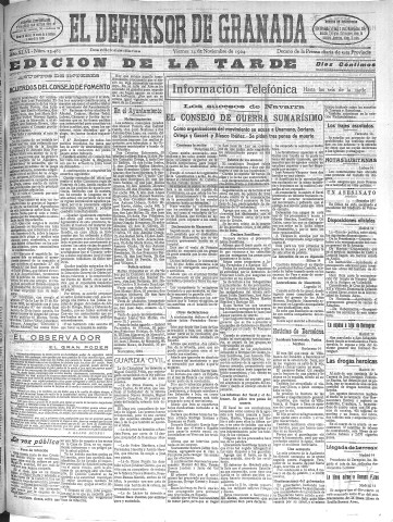 'El Defensor de Granada  : diario político independiente' - Año XLVI Número 23485 Ed. Tarde - 1924 Noviembre 14