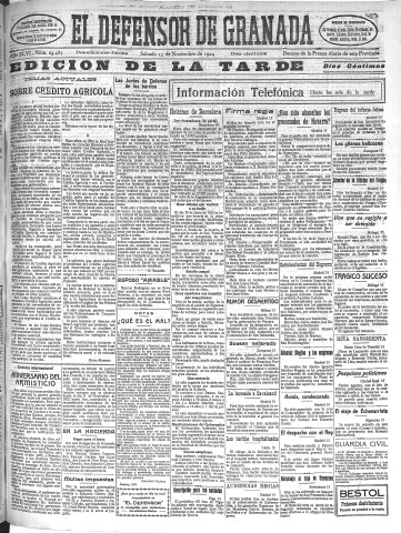 'El Defensor de Granada  : diario político independiente' - Año XLVI Número 23487 Ed. Tarde - 1924 Noviembre 15