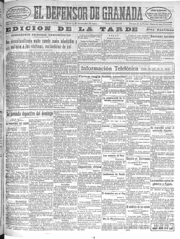 'El Defensor de Granada  : diario político independiente' - Año XLVI Número 23501 Ed. Tarde - 1924 Noviembre 24