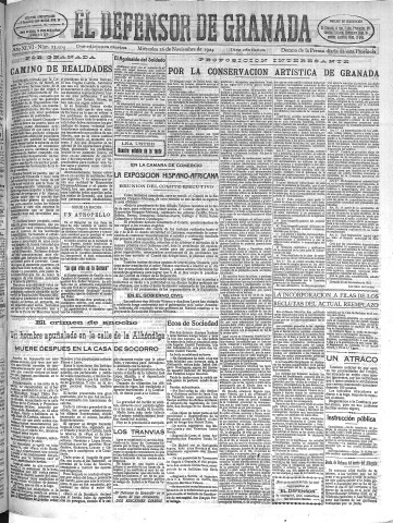 'El Defensor de Granada  : diario político independiente' - Año XLVI Número 23504 Ed. Mañana - 1924 Noviembre 26