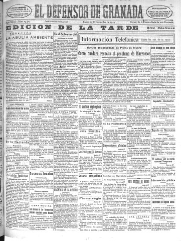 'El Defensor de Granada  : diario político independiente' - Año XLVI Número 23507 Ed. Tarde - 1924 Noviembre 27