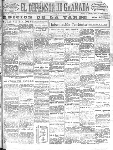 'El Defensor de Granada  : diario político independiente' - Año XLVI Número 23561 Ed. Tarde - 1924 Diciembre 30