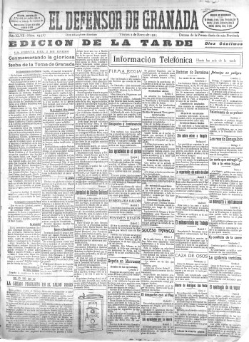 'El Defensor de Granada  : diario político independiente' - Año XLVII Número 23567 Ed. Tarde - 1925 Enero 02