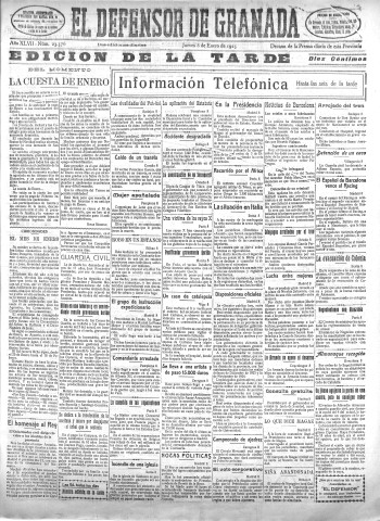'El Defensor de Granada  : diario político independiente' - Año XLVII Número 23576 Ed. Tarde - 1925 Enero 08
