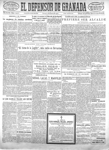 'El Defensor de Granada  : diario político independiente' - Año XLVII Número 23577 Ed. Mañana - 1925 Enero 09