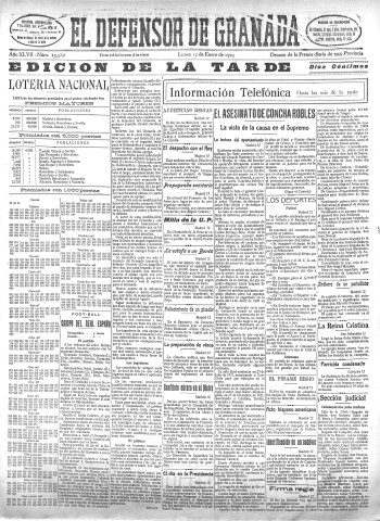 'El Defensor de Granada  : diario político independiente' - Año XLVII Número 23582 Ed. Tarde - 1925 Enero 12