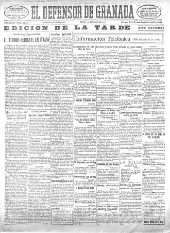 'El Defensor de Granada  : diario político independiente' - Año XLVII Número 23584 Ed. Tarde - 1925 Enero 13
