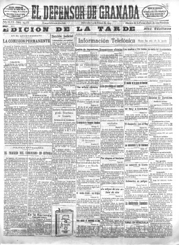 'El Defensor de Granada  : diario político independiente' - Año XLVII Número 23586 Ed. Tarde - 1925 Enero 14
