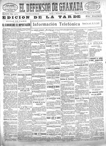 'El Defensor de Granada  : diario político independiente' - Año XLVII Número 23602 Ed. Tarde - 1925 Enero 27