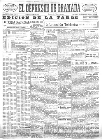 'El Defensor de Granada  : diario político independiente' - Año XLVII Número 23607 Ed. Tarde - 1925 Febrero 02