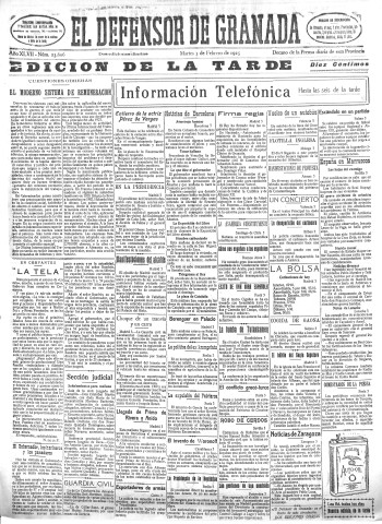 'El Defensor de Granada  : diario político independiente' - Año XLVII Número 23608 Ed. Tarde - 1925 Febrero 03