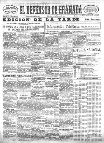 'El Defensor de Granada  : diario político independiente' - Año XLVII Número 23620 Ed. Tarde - 1925 Febrero 11