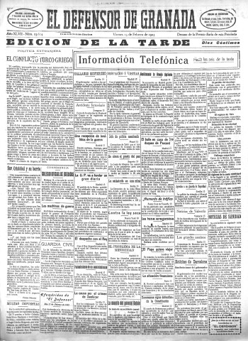 'El Defensor de Granada  : diario político independiente' - Año XLVII Número 23624 Ed. Tarde - 1925 Febrero 13