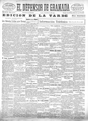 'El Defensor de Granada  : diario político independiente' - Año XLVII Número 23628 Ed. Tarde - 1925 Febrero 16