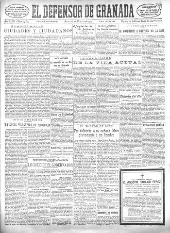 'El Defensor de Granada  : diario político independiente' - Año XLVII Número 23633 Ed. Mañana - 1925 Febrero 19