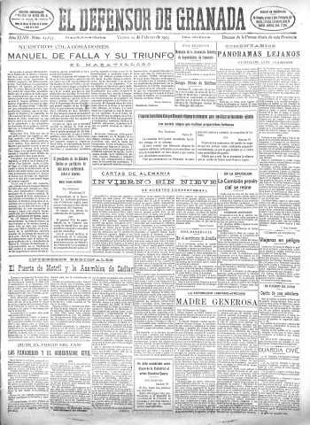 'El Defensor de Granada  : diario político independiente' - Año XLVII Número 23635 Ed. Mañana - 1925 Febrero 20