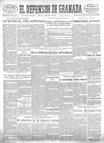 'El Defensor de Granada  : diario político independiente' - Año XLVII Número 23643 Ed. Mañana - 1925 Febrero 25