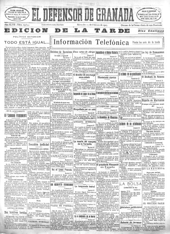 'El Defensor de Granada  : diario político independiente' - Año XLVII Número 23644 Ed. Tarde - 1925 Febrero 25