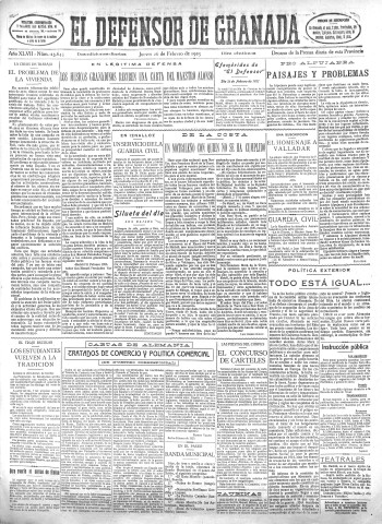 'El Defensor de Granada  : diario político independiente' - Año XLVII Número 23645 Ed. Mañana - 1925 Febrero 26