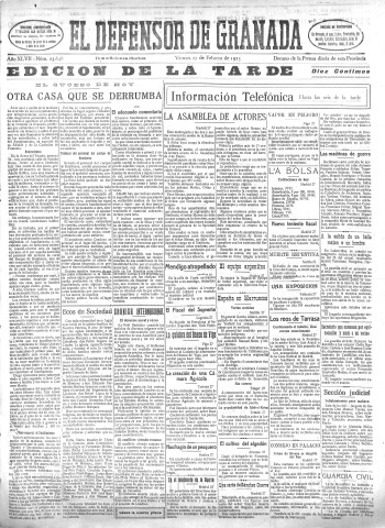 'El Defensor de Granada  : diario político independiente' - Año XLVII Número 23648 Ed. Tarde - 1925 Febrero 27