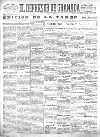 'El Defensor de Granada  : diario político independiente' - Año XLVII Número 23654 Ed. Tarde - 1925 Marzo 03