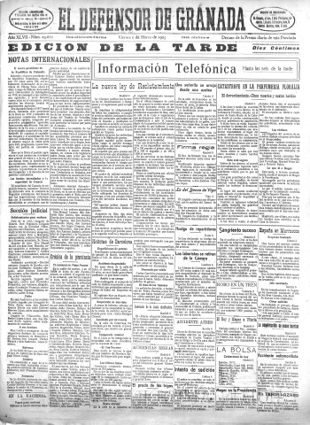 'El Defensor de Granada  : diario político independiente' - Año XLVII Número 23660 Ed. Tarde - 1925 Marzo 06