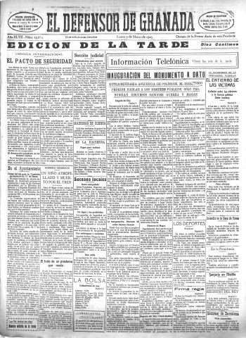 'El Defensor de Granada  : diario político independiente' - Año XLVII Número 23664 Ed. Tarde - 1925 Marzo 09