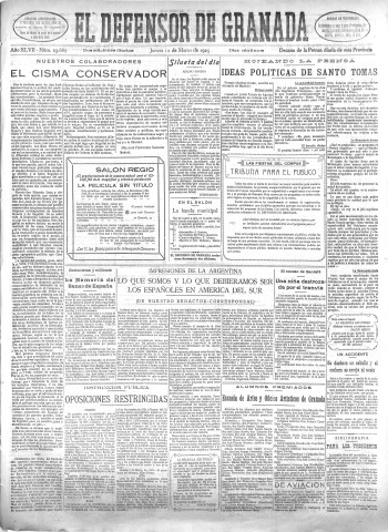 'El Defensor de Granada  : diario político independiente' - Año XLVII Número 23669 Ed. Mañana - 1925 Marzo 12