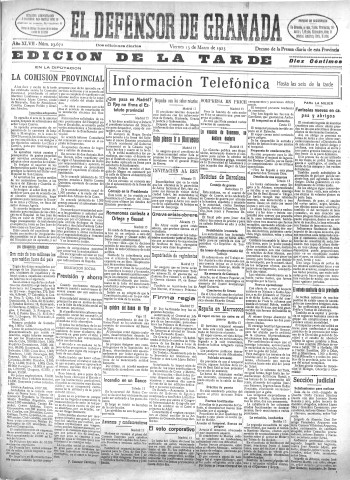 'El Defensor de Granada  : diario político independiente' - Año XLVII Número 23672 Ed. Tarde - 1925 Marzo 13