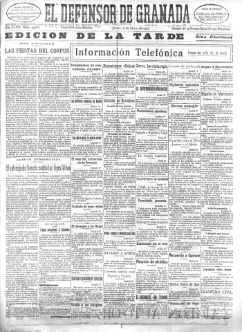 'El Defensor de Granada  : diario político independiente' - Año XLVII Número 23682 Ed. Tarde - 1925 Marzo 19