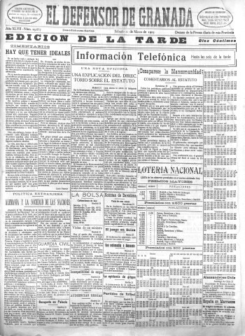 'El Defensor de Granada  : diario político independiente' - Año XLVII Número 23687 Ed. Tarde - 1925 Marzo 21