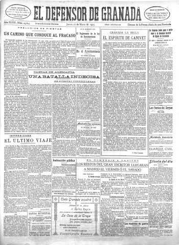 'El Defensor de Granada  : diario político independiente' - Año XLVII Número 23694 Ed. Mañana - 1925 Marzo 26