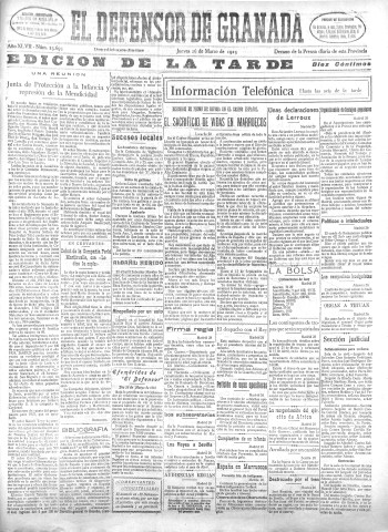 'El Defensor de Granada  : diario político independiente' - Año XLVII Número 23695 Ed. Tarde - 1925 Marzo 26