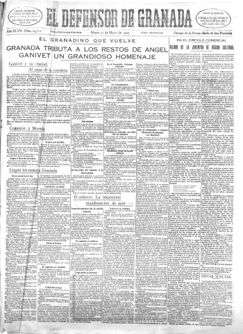'El Defensor de Granada  : diario político independiente' - Año XLVII Número 23702 Ed. Mañana - 1925 Marzo 31
