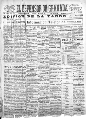 'El Defensor de Granada  : diario político independiente' - Año XLVII Número 23705 Ed. Tarde - 1925 Abril 01