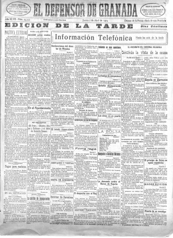 'El Defensor de Granada  : diario político independiente' - Año XLVII Número 23707 Ed. Tarde - 1925 Abril 02