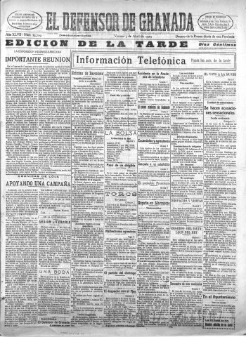 'El Defensor de Granada  : diario político independiente' - Año XLVII Número 23709 Ed. Tarde - 1925 Abril 03