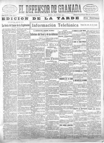 'El Defensor de Granada  : diario político independiente' - Año XLVII Número 23711 Ed. Tarde - 1925 Abril 04