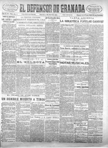 'El Defensor de Granada  : diario político independiente' - Año XLVII Número 23716 Ed. Mañana - 1925 Abril 08