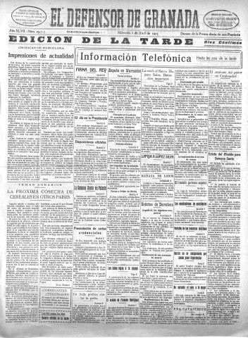'El Defensor de Granada  : diario político independiente' - Año XLVII Número 23717 Ed. Tarde - 1925 Abril 08