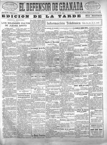 'El Defensor de Granada  : diario político independiente' - Año XLVII Número 23719 Ed. Tarde - 1925 Abril 09