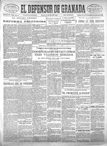 'El Defensor de Granada  : diario político independiente' - Año XLVII Número 23724 Ed. Mañana - 1925 Abril 14